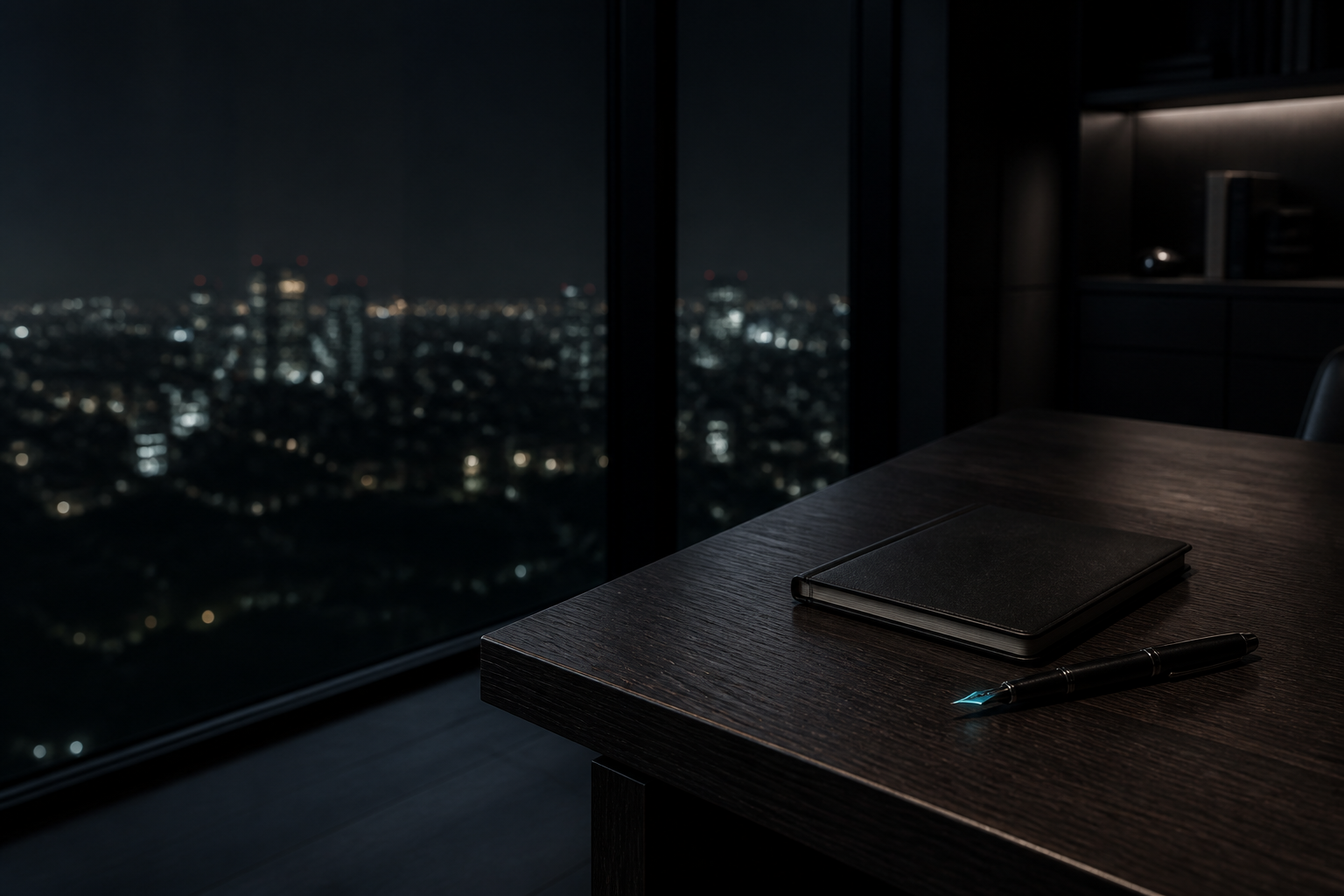 A single desk, a notebook, and the city at night