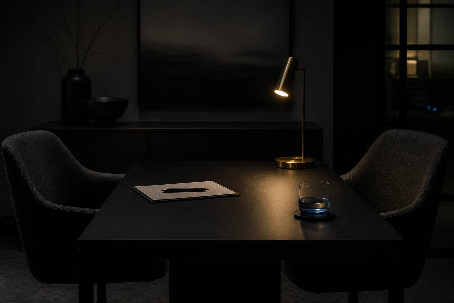 Two chairs across a dark table, conversation implied