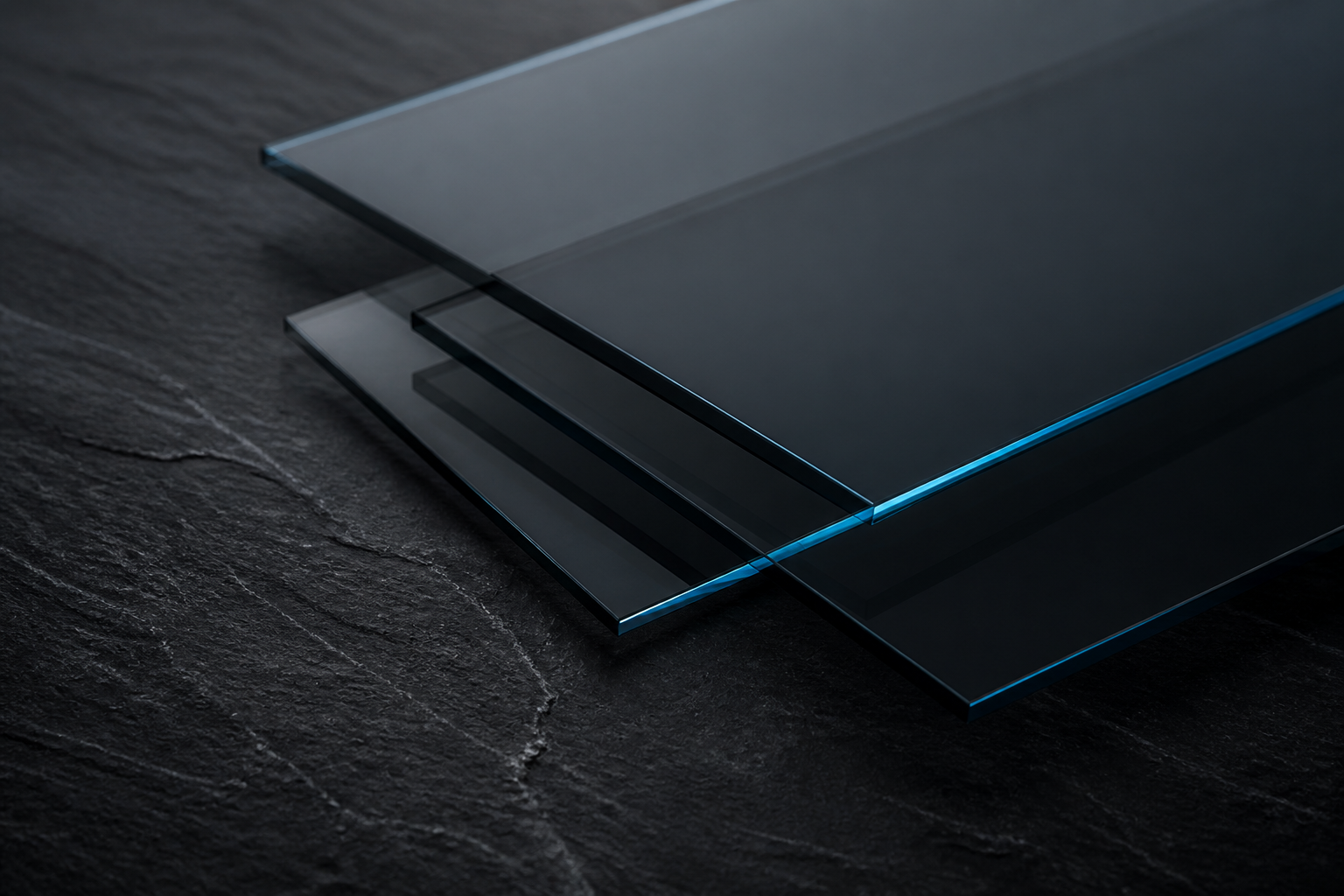Stacked dark glass sheets on black stone