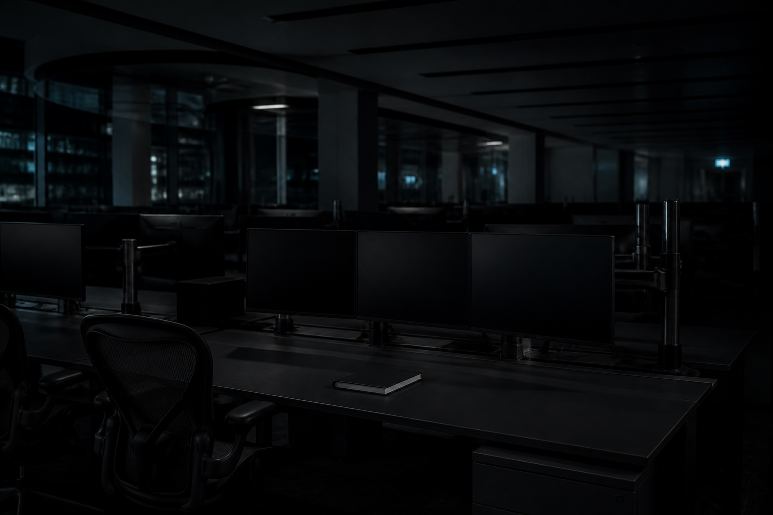 An empty trading desk after hours, monitors off