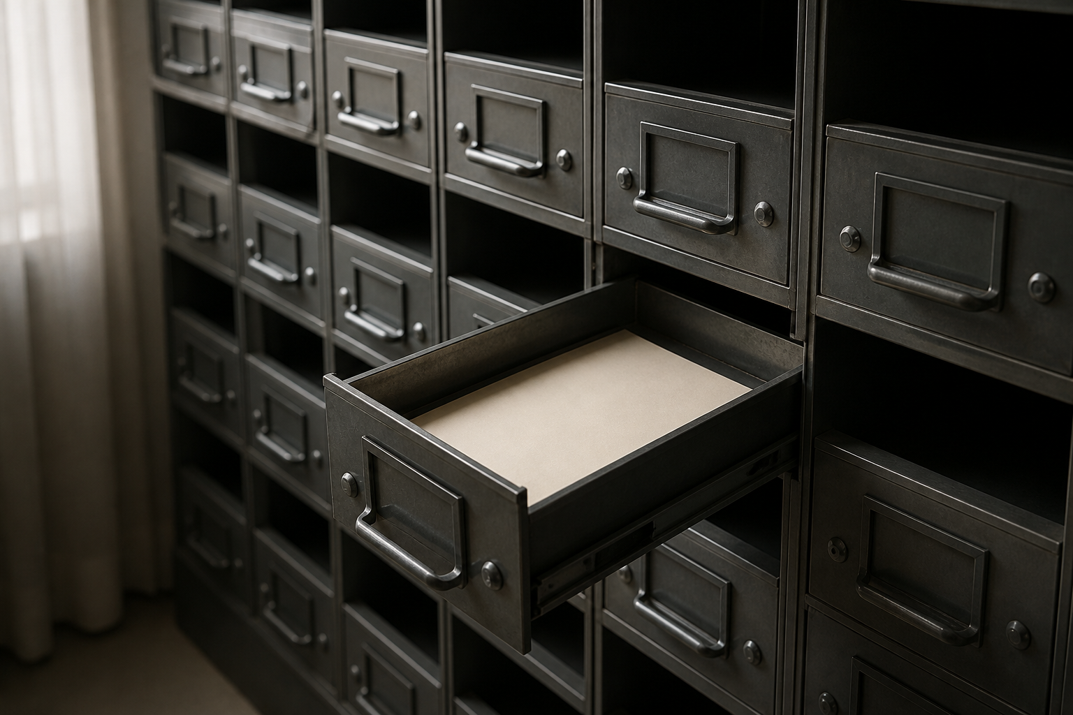 A filing wall and one pulled drawer