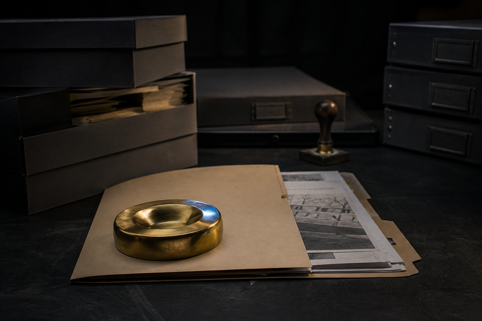 Archival boxes and an open folder on a dark table