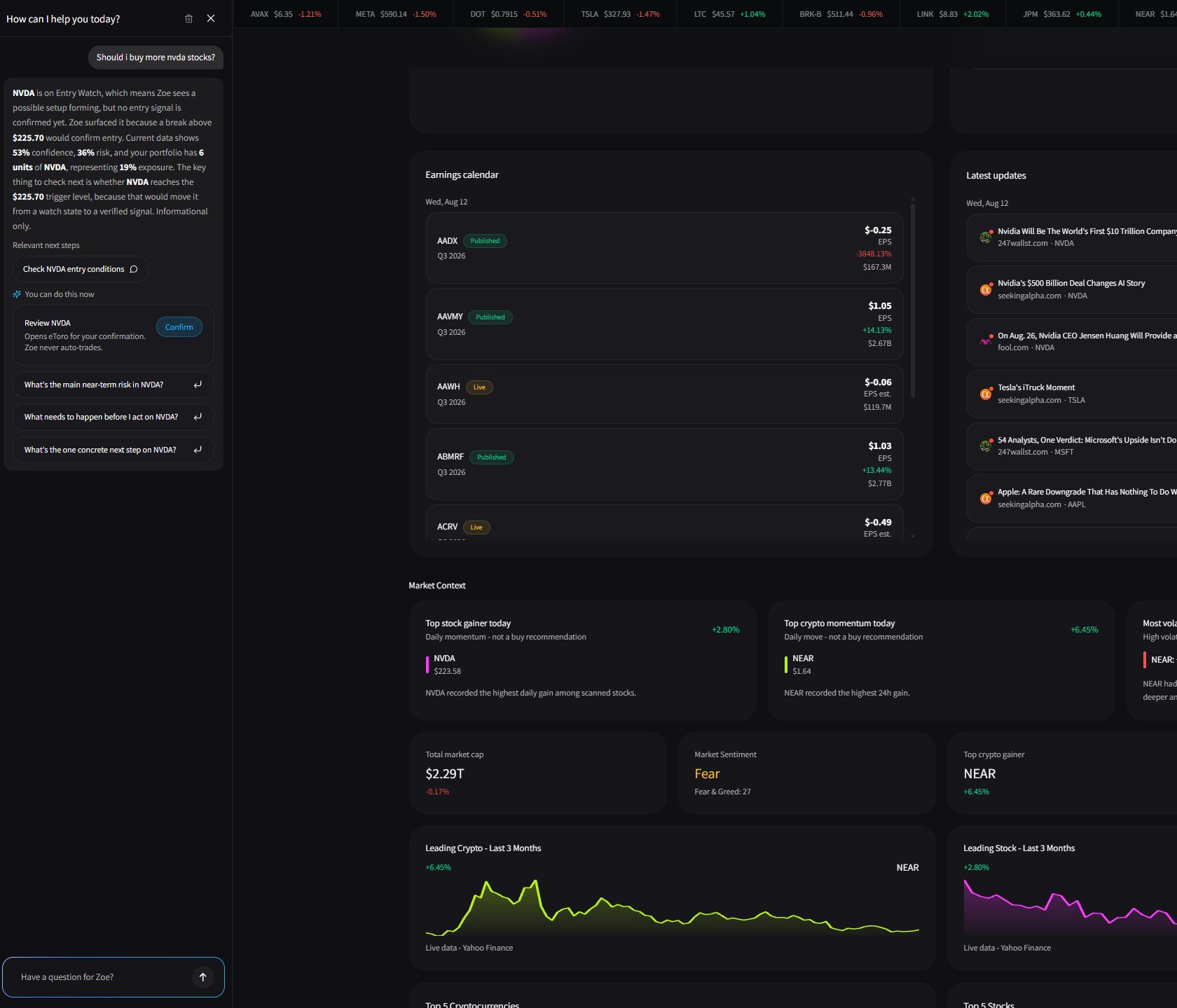 Ask Zoe answering about a decision already on screen, with market context beside it